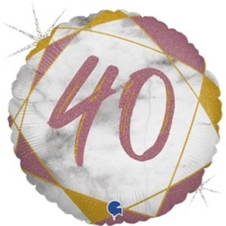 Шар (18"/46 см) Круг, Цифра 40, Мрамор Калакатта, Розовое Золото, Голография 1 шт.