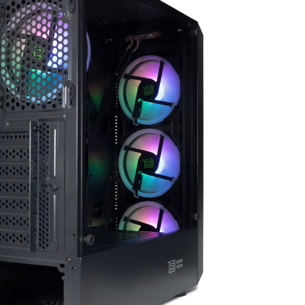 Корпус BaseTech eXtreme GFX-03, Без БП, ATX, чёрный, 4xARGB FAN, 2xUSB2, 1xUSB3, бок: закалённое стекло (BT-GFX-03-MESH-4F-ARGB)