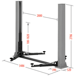 Подъемник электрогидравлический 4т 100-1820мм 2-х стоечный 220В ниж.синхрон.(механ. с 1 колонны) GTE