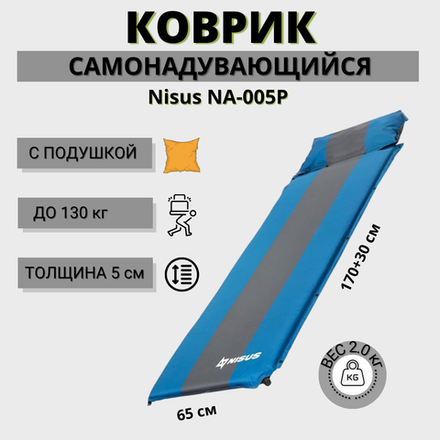 Коврик самонадувающийся Nisus NA-005P (с подушкой, 30+170x65x5 см)