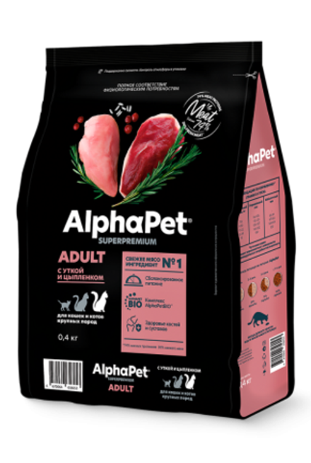 ALPHA PET Сухой корм для кошек крупных пород с уткой и цыпленком 0,4 кг