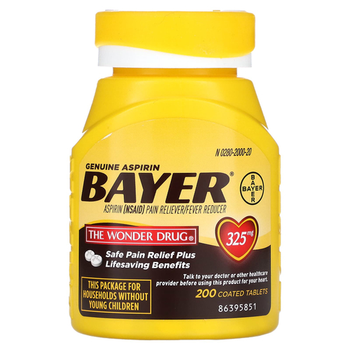 Bayer, натуральный аспирин, 325 мг, 200 таблеток, покрытых оболочкой