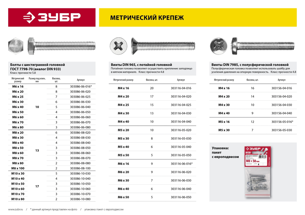 ЗУБР ГОСТ 7798-70, кл. пр. 5.8, M10 х 40 мм, цинк, 4 шт, болт (303086-10-040)