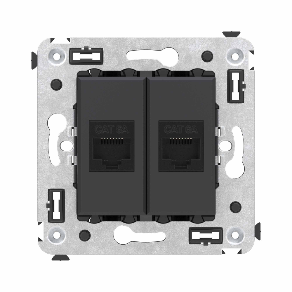 Компьютерная розетка RJ-45 без шторки в стену, кат.6А двойная, "Avanti", "Черный матовый"