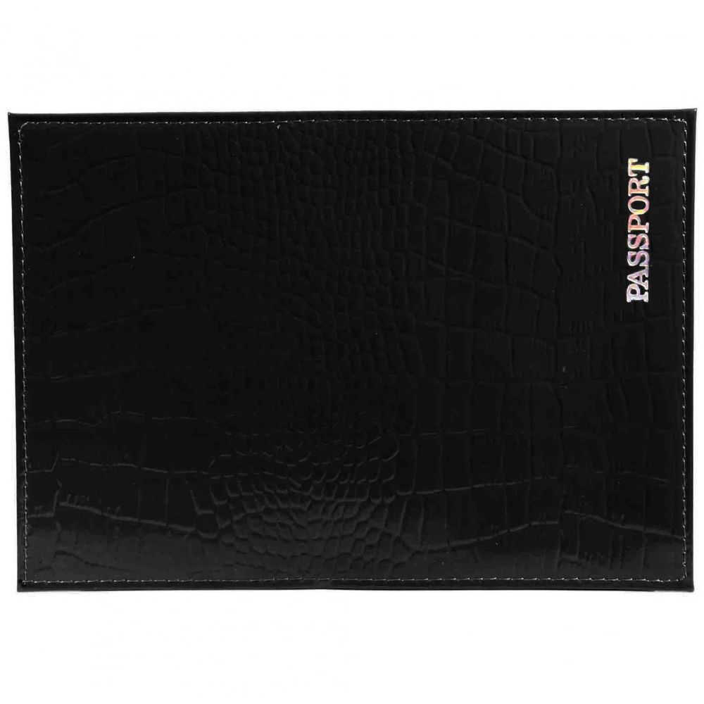 Обложка для паспорта, натур. кожа, черный, тиснение, серебро, "Крокодил"
