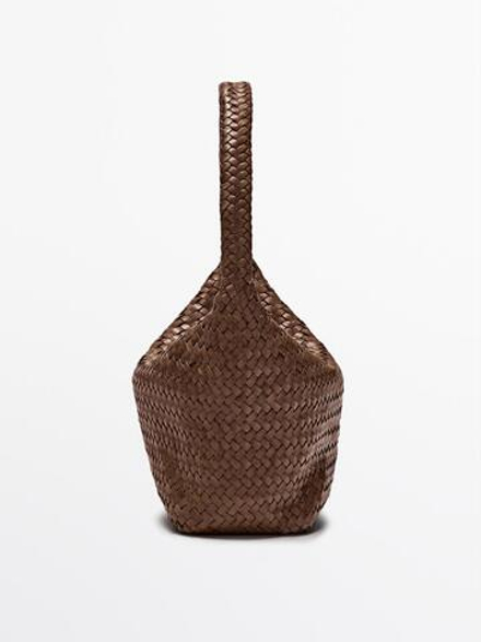 Massimo Dutti Сумка-мешок из кожи наппа с плетеным узором, жжено-оранжевый