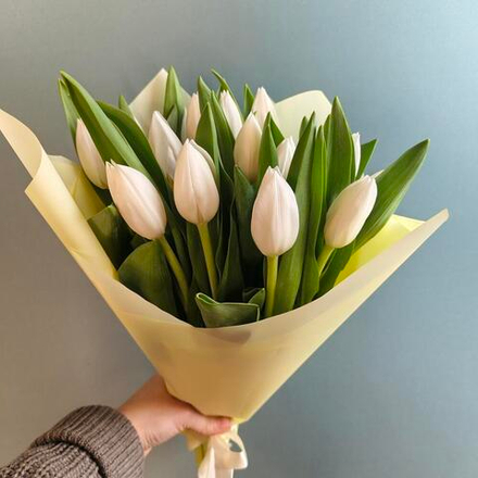 Букет из 15 белых тюльпанов в кремовом оформлении