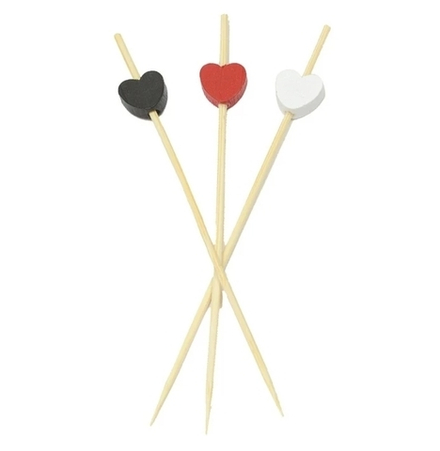 Пика деревянная для канапе Сердце красное, черное, белое 12 см 100шт/упак