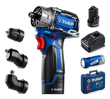 ЗУБР КОМБИ, набор: дрель-шуруповерт + LED фонарь, 12 В, 45 Н·м, 2 АКБ тип Т7 (2 А·ч), кейс, Профессионал (DB-125-22F)