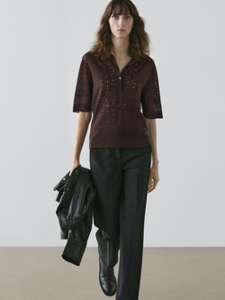 Massimo Dutti Трикотажное поло из смесовой шерсти с короткими рукавами, шоколадный