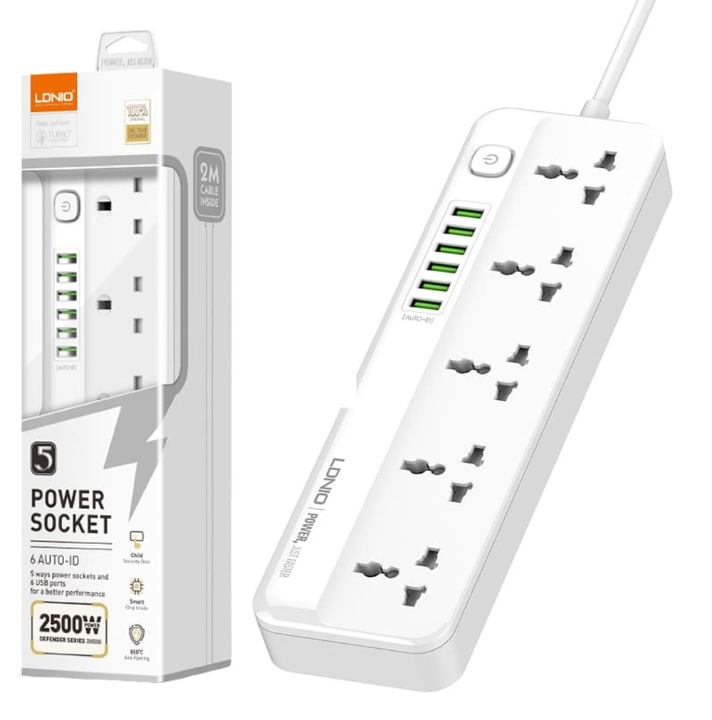 Сетевой фильтр LDNIO SC5614, 5 розетки + 6 USB 3.4A (белый) 2м