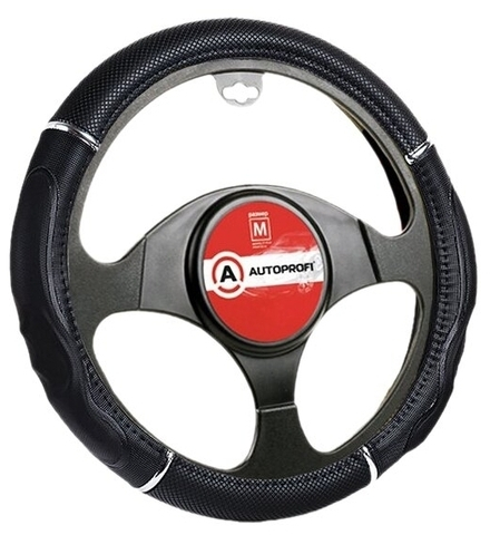 Оплетка руля черная Autoprofi GL-1020 BK/BK (M) PU кожа + ПВХ вставки с тиснением спорт гель