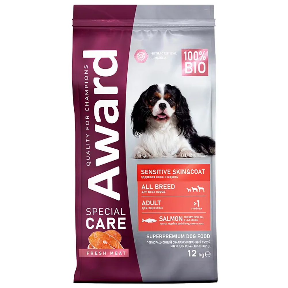 Сухой корм AWARD SPECIAL CARE Sensitive Skin&Coat для взрослых собак всех пород для здоровой кожи и шерсти со свежим лососем 12кг