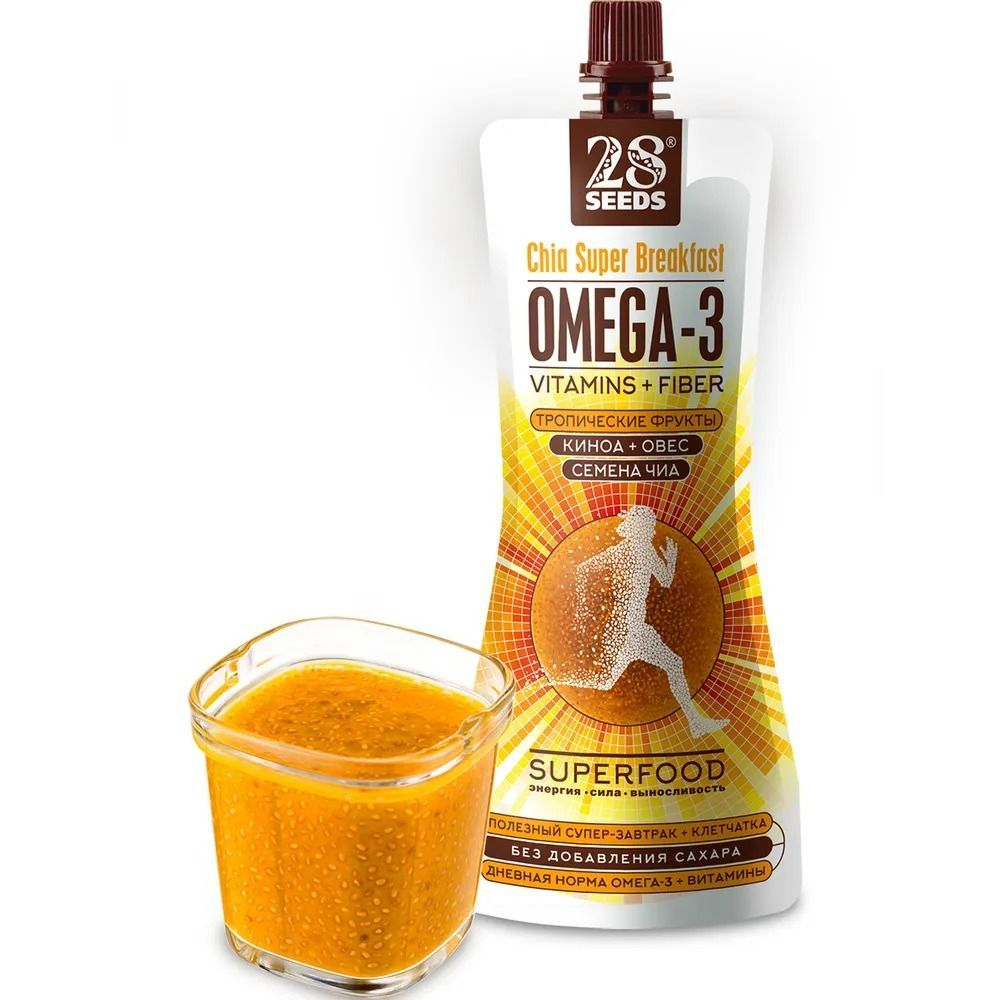 Супер-завтрак 28 SEEDS Чиа ОМЕГА-3 Тропические фрукты 10 шт, без сахара, Омега 6, клетчатка, протеин, пюре фруктовое на завтрак, смузи