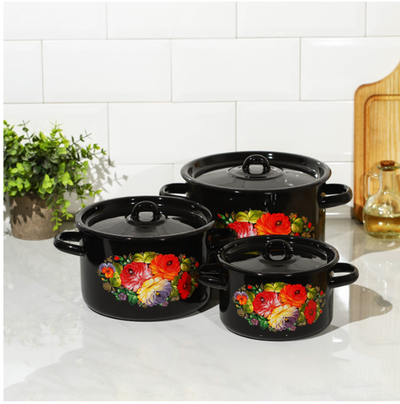 Набор эмалированных кастрюль «Жостово», 3 предмета: 1,5 л, 2,9 л, 4,5 л, цвет чёрный