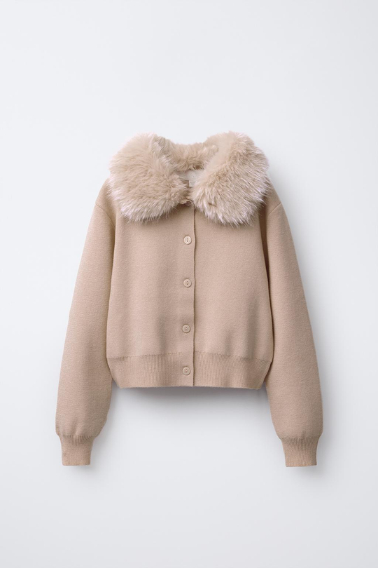 ZARA ТРИКОТАЖНЫЙ КАРДИГАН СО СЪЕМНЫМ ВОРОТНИКОМ ИЗ ИСКУССТВЕННОГО МЕХА, БЕЖЕВЫЙ