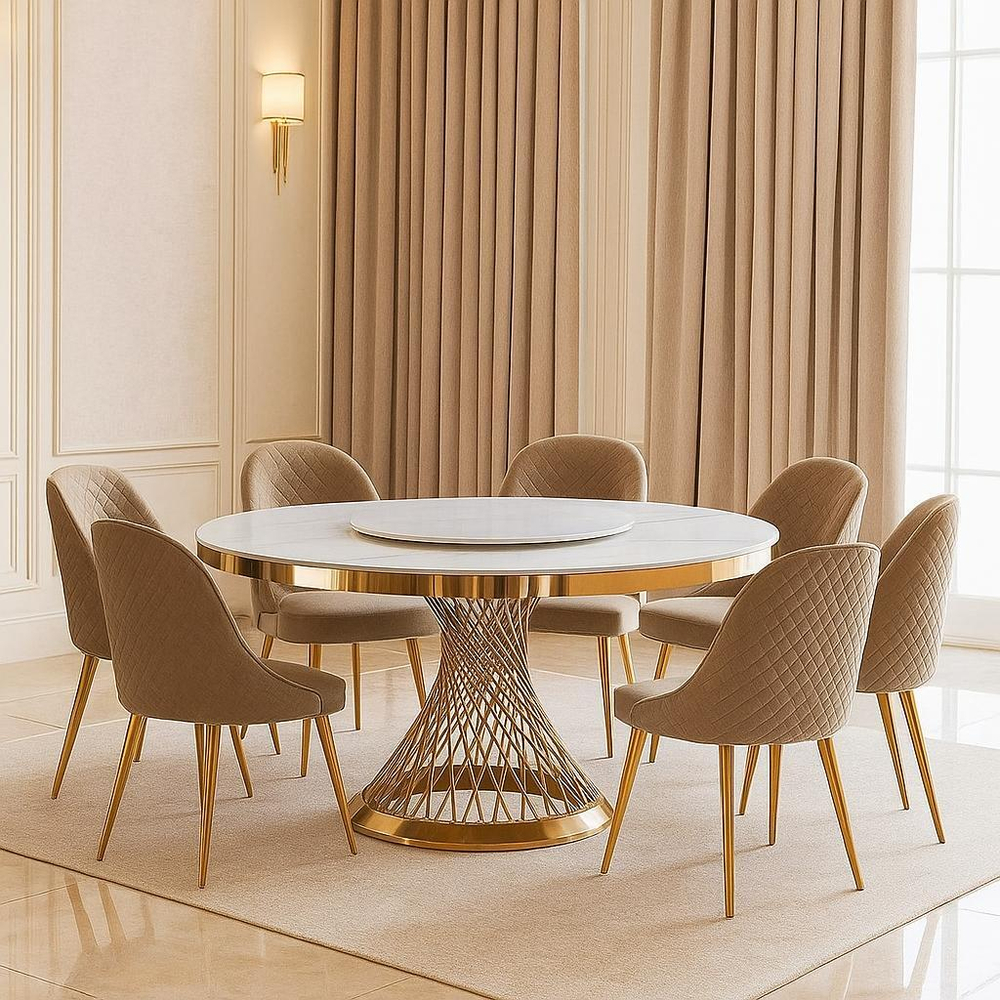 Стол обеденный Ist Casa Мелоди, 140х140х75 см, белый мрамор, золото