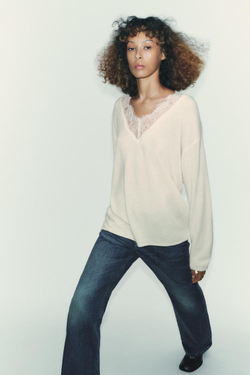 ZARA ДЖЕМПЕР С КРУЖЕВНОЙ ОТДЕЛКОЙ, ЭКРЮ