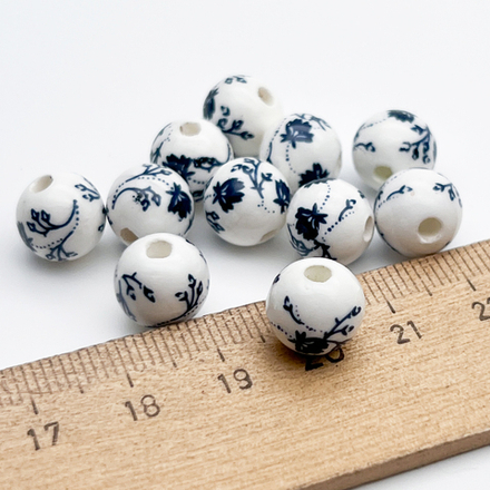 Бусины Шар с цветами, керамика, цвет темно-синий, размер около 10 мм, цена за 1 шт