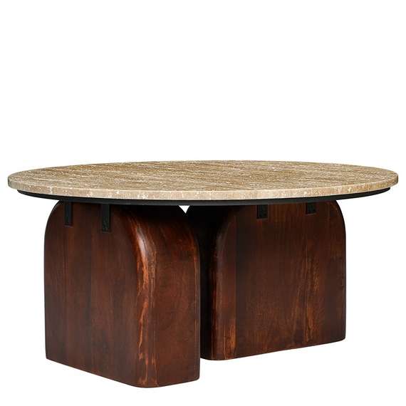 Журнальный столик Torhill, Ø80 см, бежевый травертин, орех