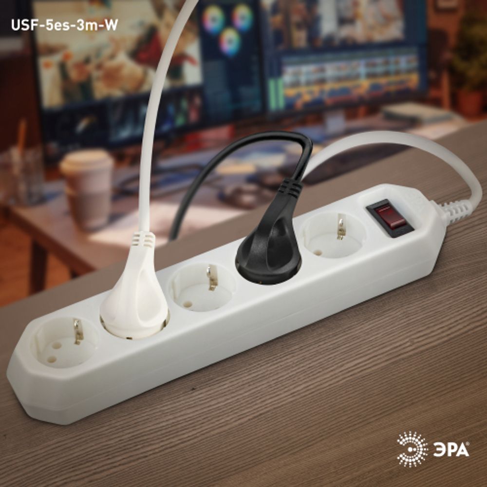 Сетевой фильтр ЭРА USF-5es-3m-W с базовой защитой с заземлением с выключателем 5 розеток 3м 10А белый