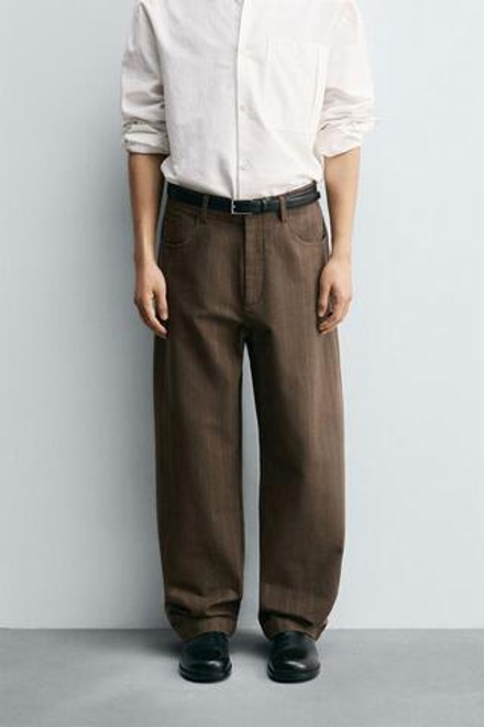 ZARA БРЮКИ BALLON FIT ИЗ ЖАККАРДА В ПОЛОСКУ, КОРИЧНЕВЫЙ