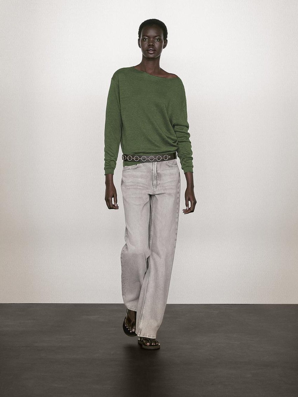 Massimo Dutti Свитер из 100% льна с вырезом лодочкой, цвет мха