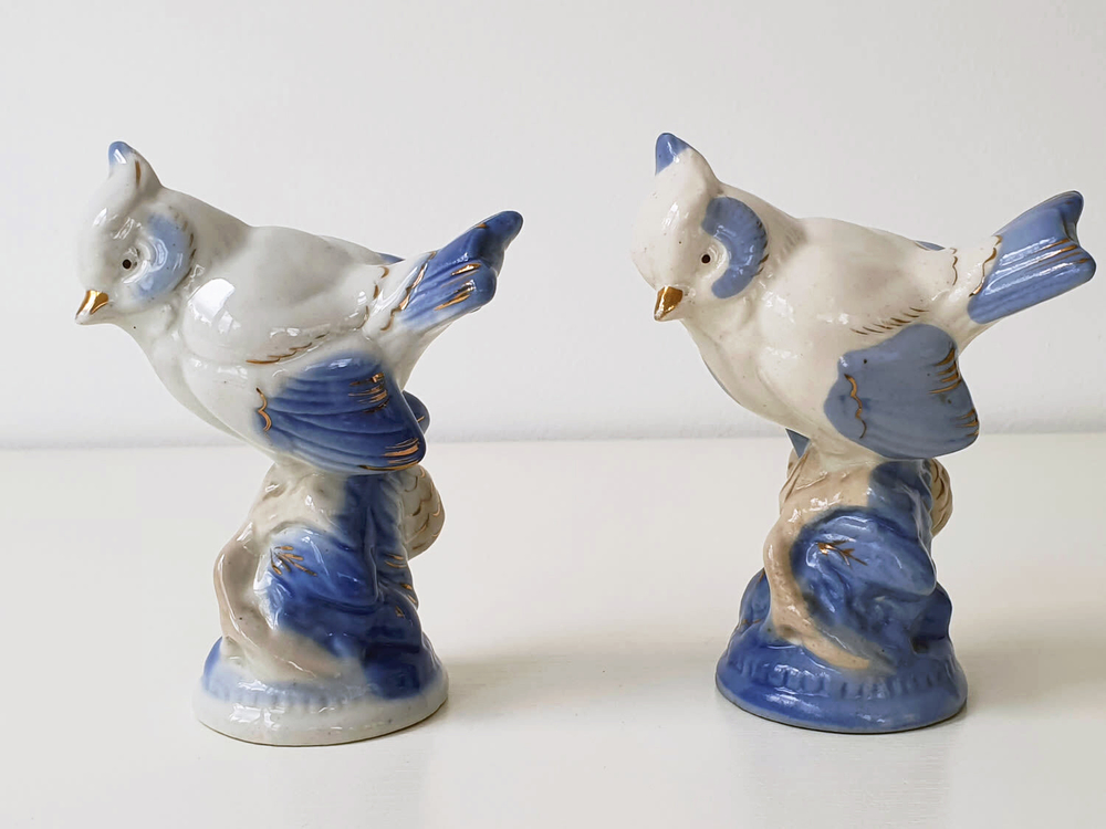 Фарфоровая статуэтка. Синичка. Анималистика. Старая Гжель. Фарфор, позолота, ручная роспись,  СССР.