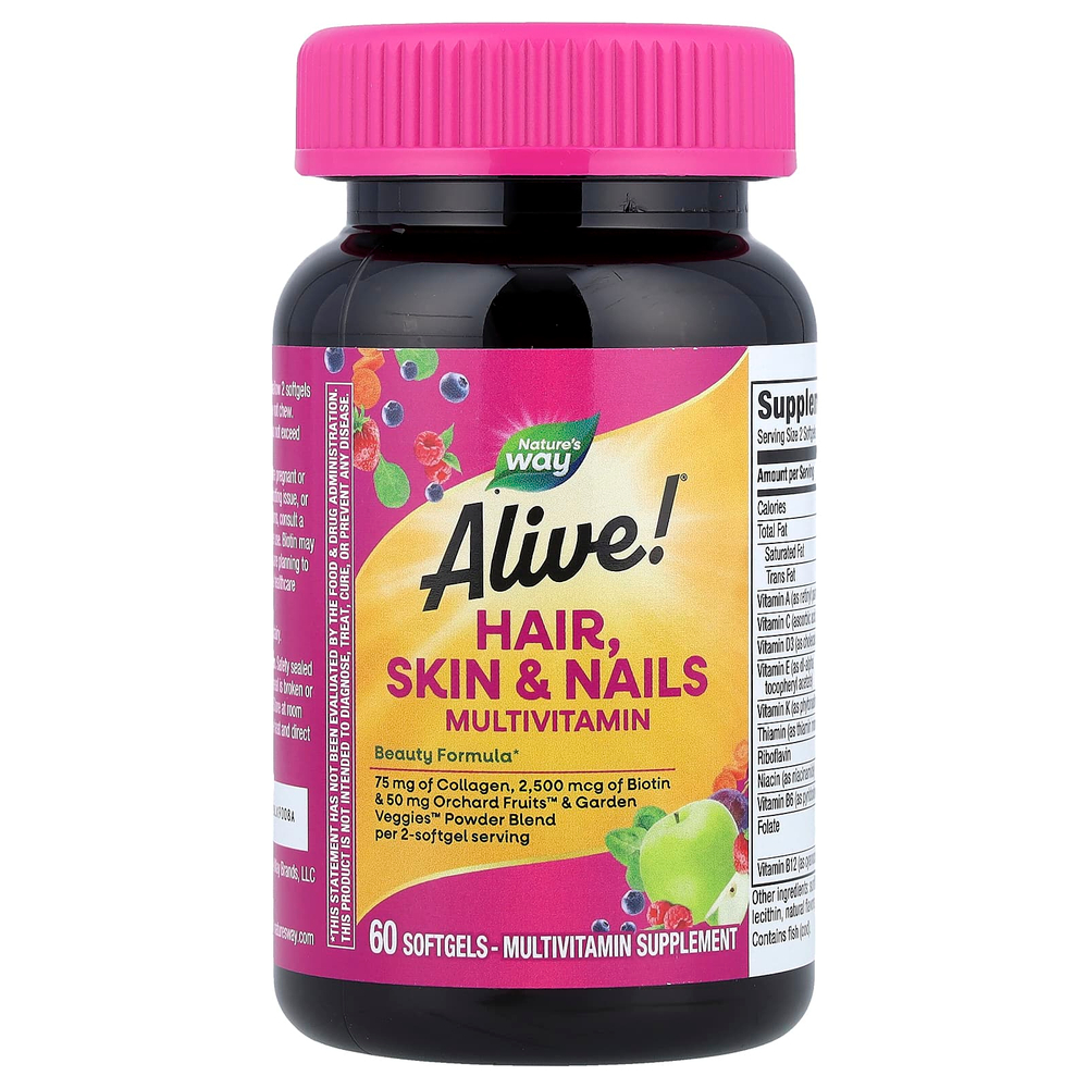 Nature's Way, мультивитамины для волос, кожи и ногтей Alive!®, со вкусом клубники, 60 капсул