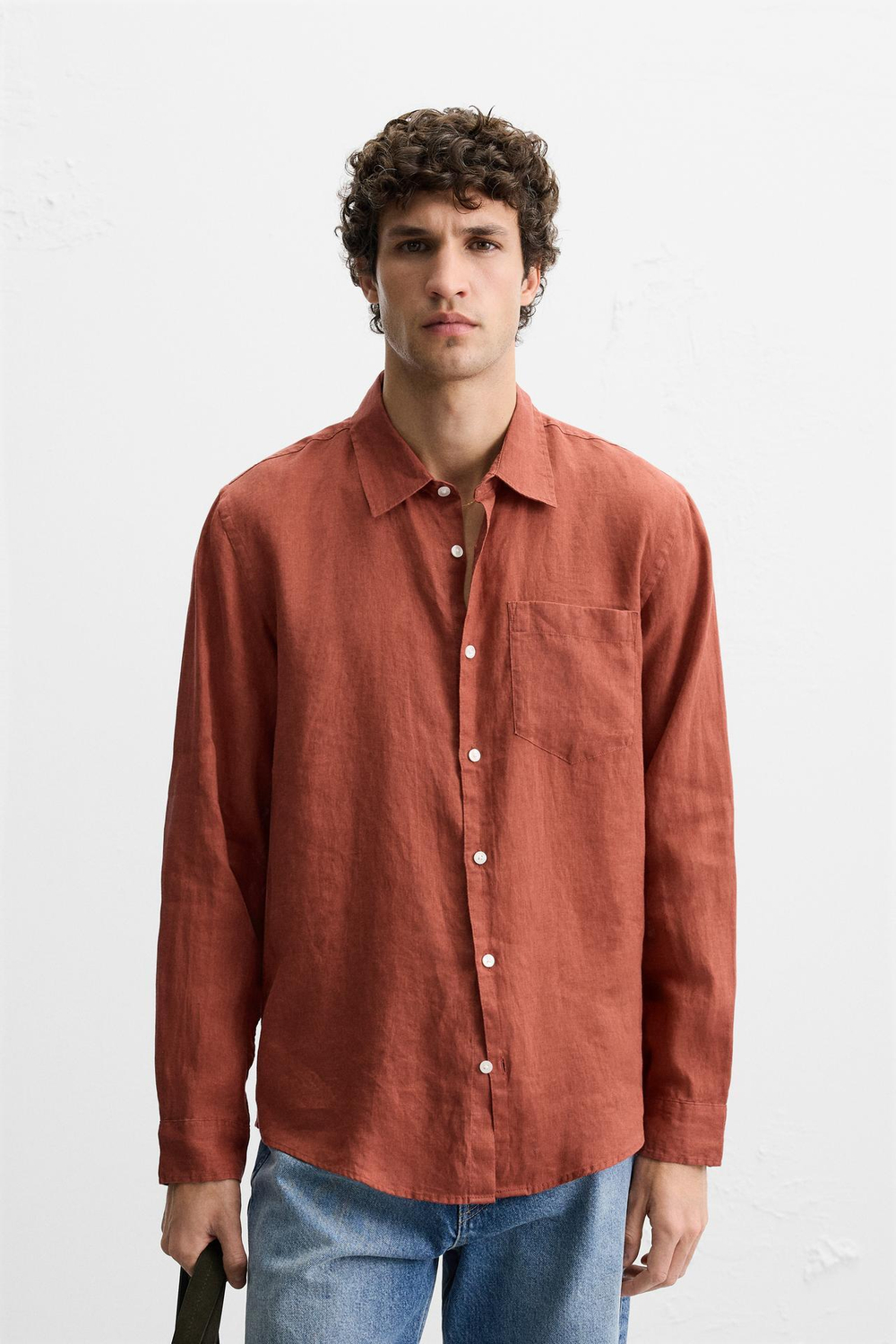 ZARA РУБАШКА ИЗ 100% ЛЬНА, КРАСНОВАТО-ОРАНЖЕВЫЙ