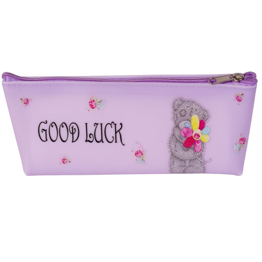 Пенал - косметичка Alingar, ПВХ, молния, 75 х 175 мм, "Мишка Тедди с цветочком", сиреневый (надпись Good Luck)