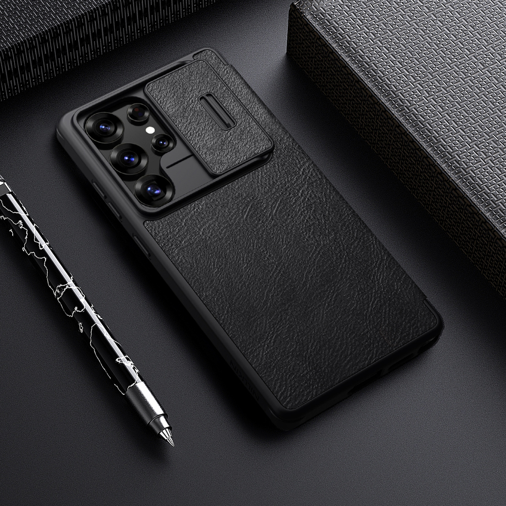 Кожаный чехол книжка черного цвета от Nillkin для Samsung Galaxy S25 Ultra, серия Qin Pro Leather с сдвижной защитной шторкой для камеры