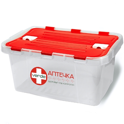 Контейнер "Аптечка" 10л VERDE прозрачный с красными распашными крышками