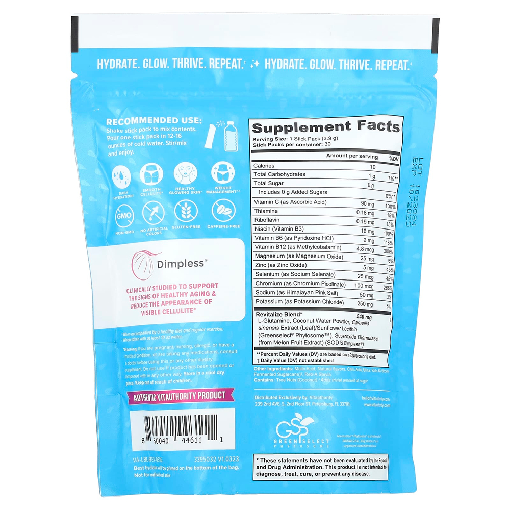 Vitauthority, Revive, комплексная антивозрастная увлажняющая смесь, лимонад, 30 стиков по 3,9 г (0,13 унции)