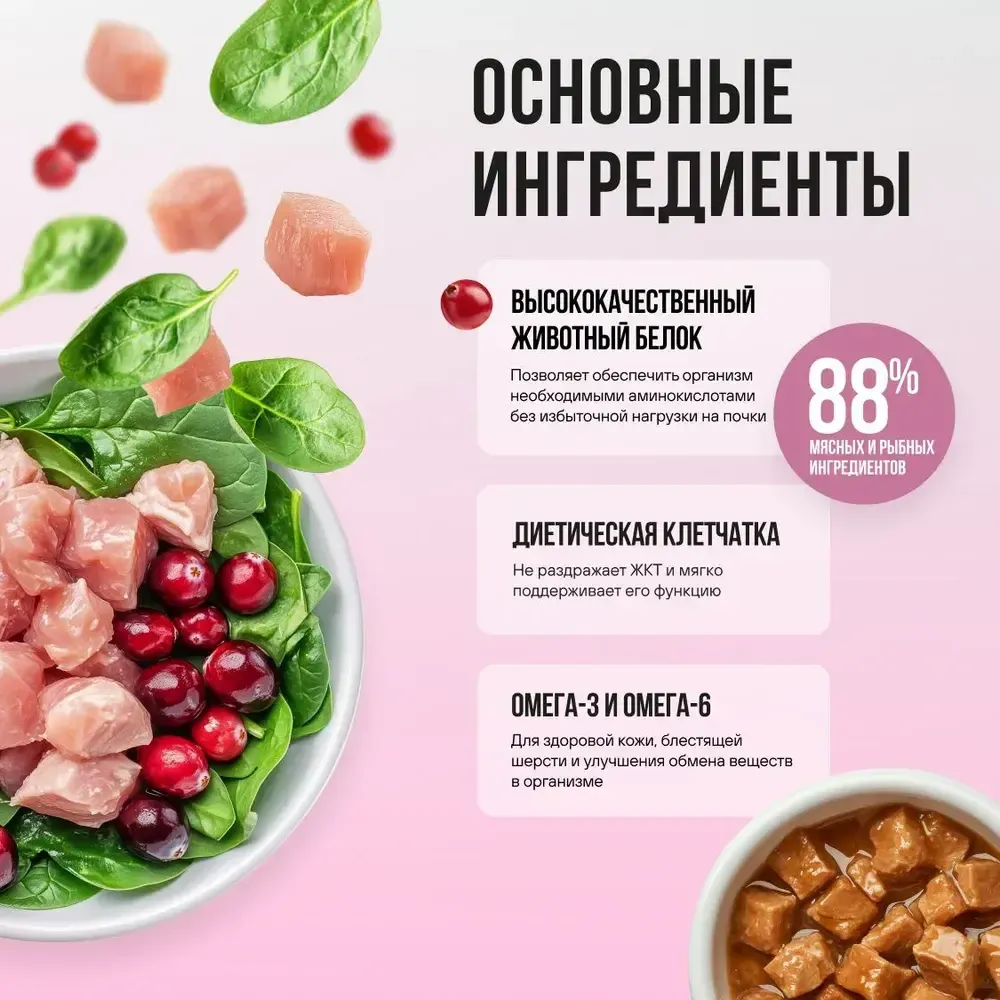 Пауч BOWL WOW для здоровой кожи и шерсти кошек с индейкой и шпинатом, кусочки в соусе Пауч BOWL WOW для здоровой кожи и шерсти кошек с индейкой и шпинатом, кусочки в соусе