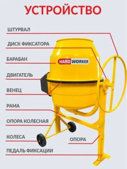 Бетономешалка строительная HARD WORKER СБП200П, бетоносмеситель электрический 1000 Вт, с педалью, полиамидный венец