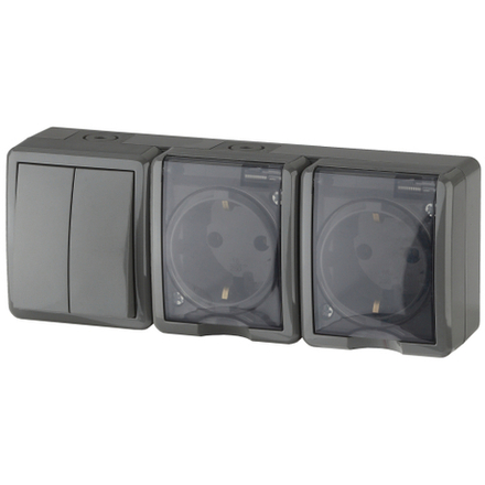 Блок две розетки + выключатель ЭРА Эксперт 11-7404-03 двойной IP54 16A-10AX-250В ОУ серый