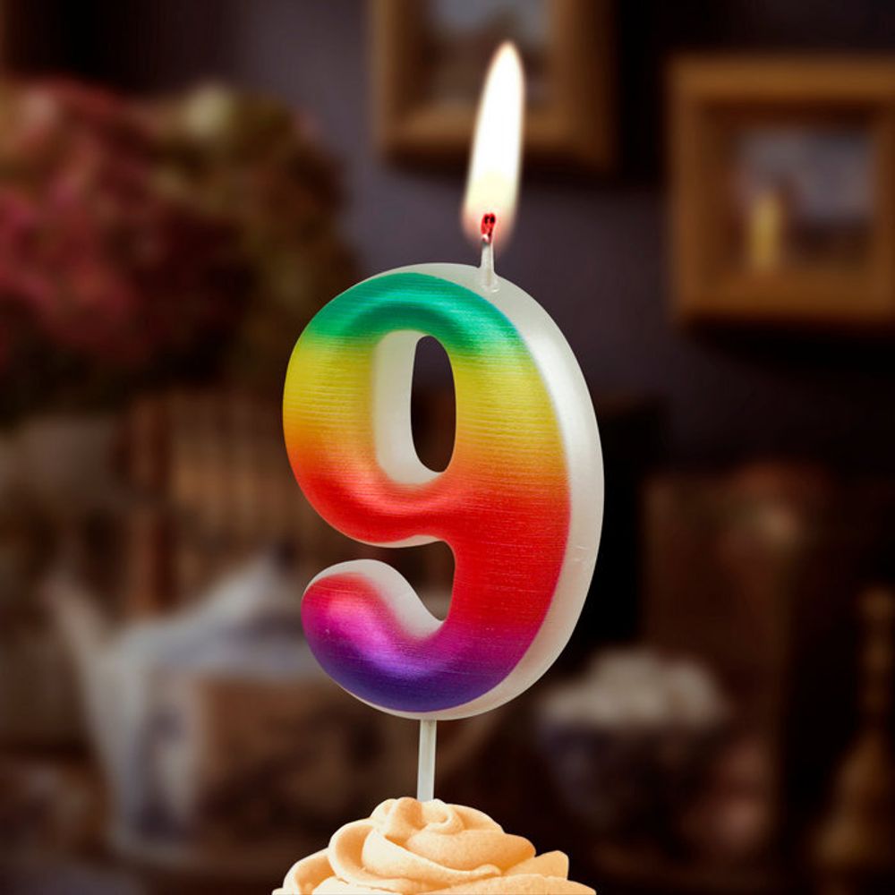 Свеча Цифра, 9 Радуга, Градиент, 4,3 см, 1 шт.