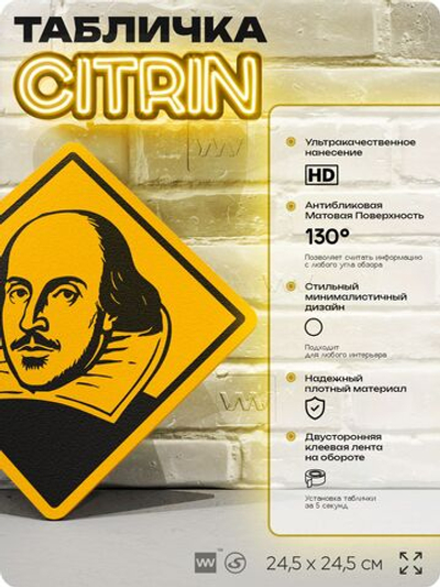 Табличка декоративная "Уильям Шекспир" на дверь и стену, прикольная штука в подарок, декоративный знак, 24,5х24,5 см, пластиковая, Айдентика Технолоджи