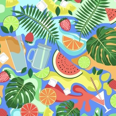 ЛЕТНИЕ НАПИТКИ И ФРУКТЫ НА КРАСОЧНОМ ФОНЕ