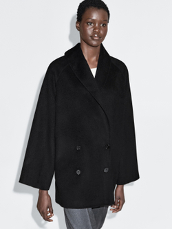 Massimo Dutti Пальто средней длины из смесовой шерсти с отложным воротником, черный