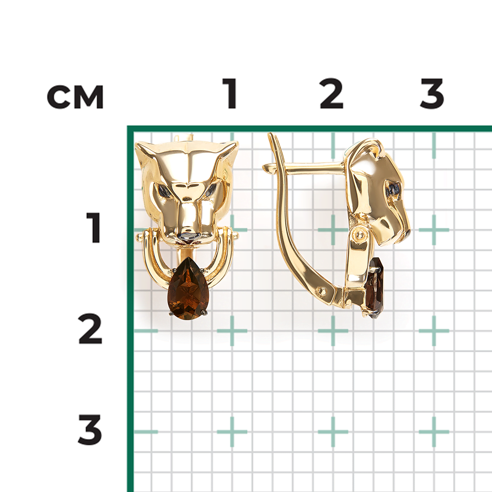 Серьги «Пантеры» с английским замком из лимонного золота с кварцем дымчатым