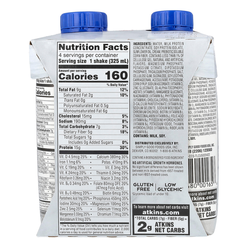 Atkins, Насыщенный протеином коктейль, кремовый коктейль с корицей, 4 коктейля, 325 мл (11 жидк. унц.)