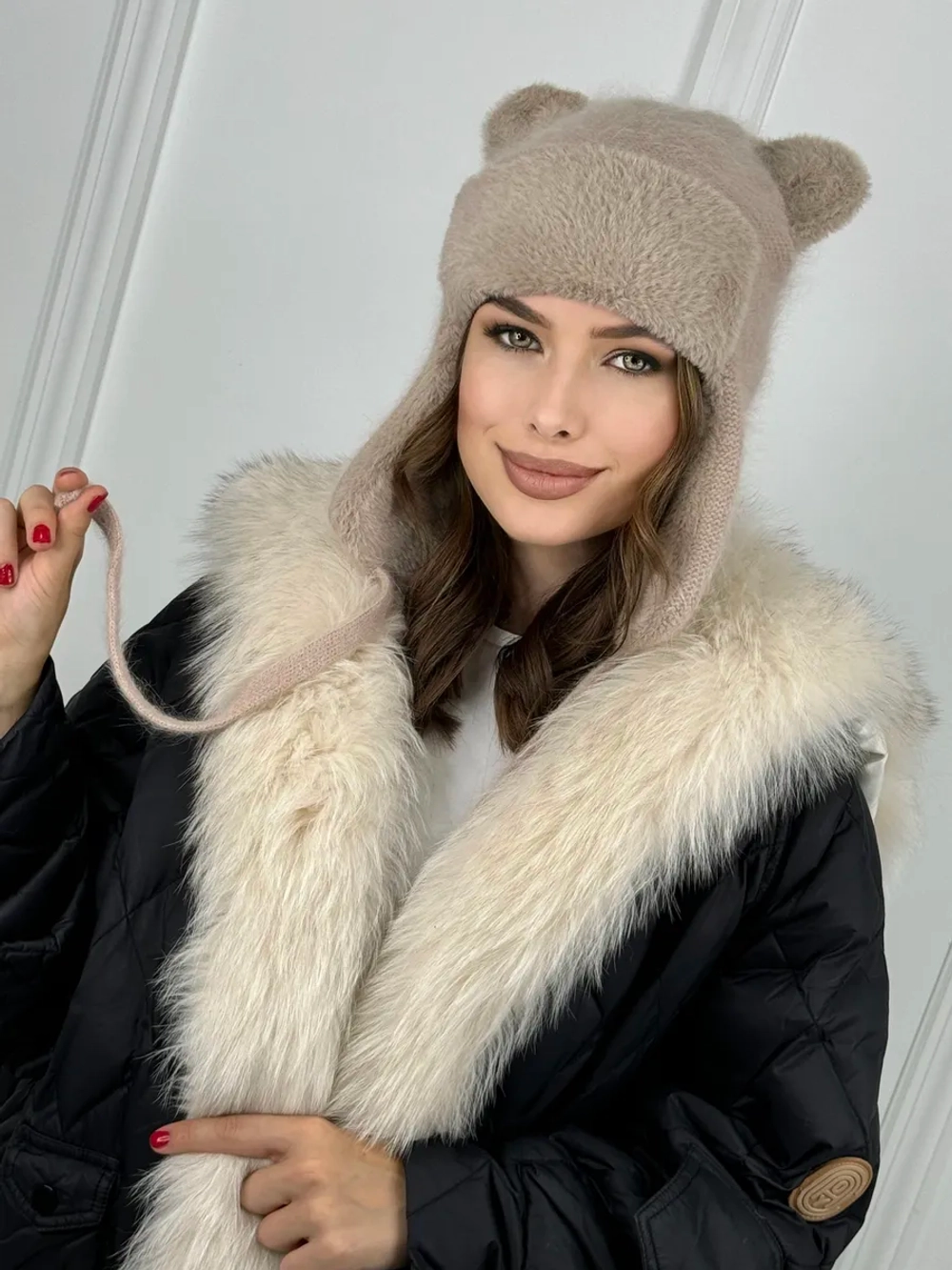 шапка зимняя вязаная с ушками ангора