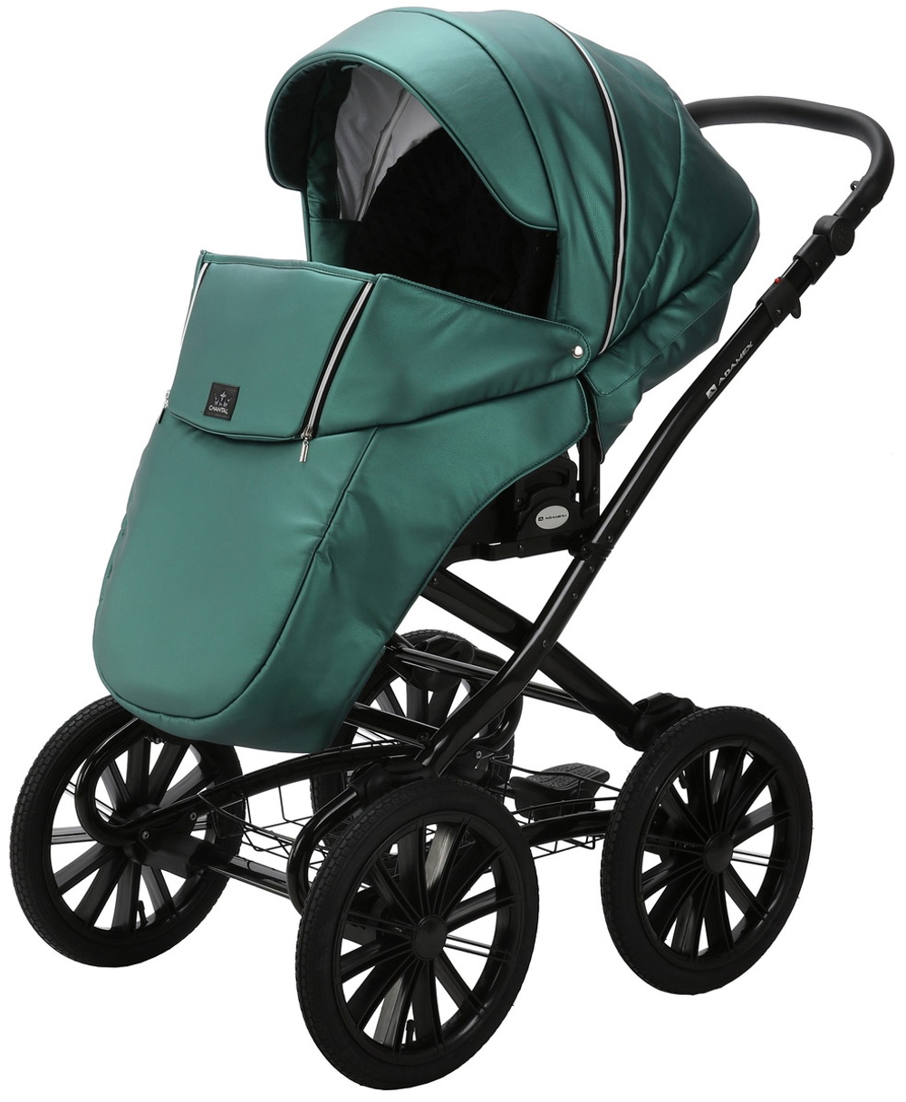 Детская коляска Adamex Chantal Retro Deluxe 3 в 1 C105A (ИЗУМРДНАЯ 100% КОЖА-ХРОМ МОЛНИИ)
