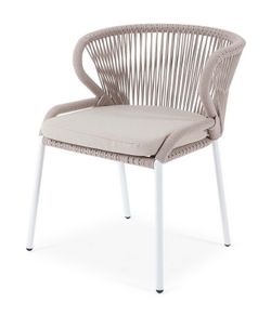 "Милан" стул плетеный из роупа, каркас алюминий белый шагрень, роуп бежевый круглый, ткань бежевая 15052