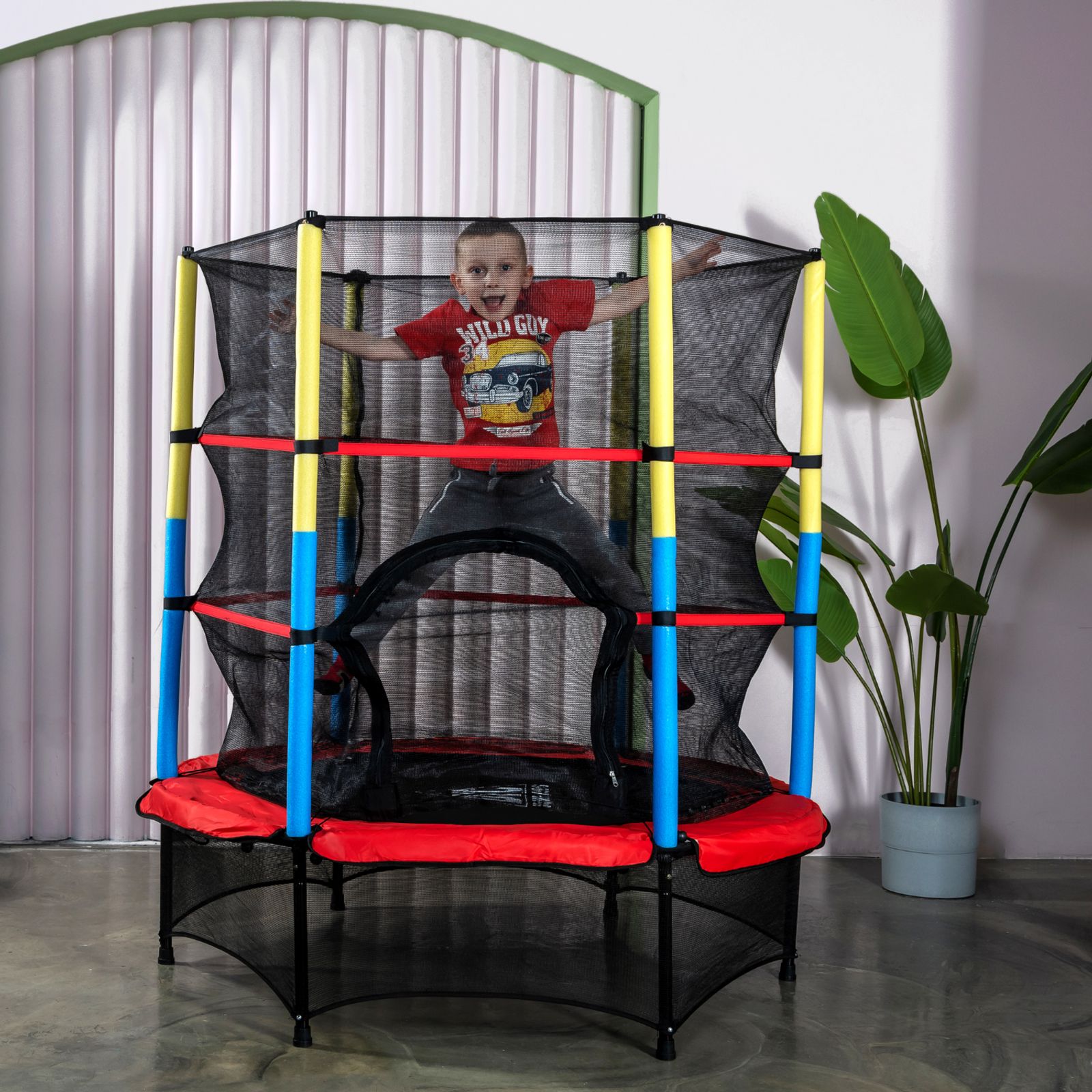 Батут DFC JUMP KIDS 55" красный с желто-синими стойками фото №9