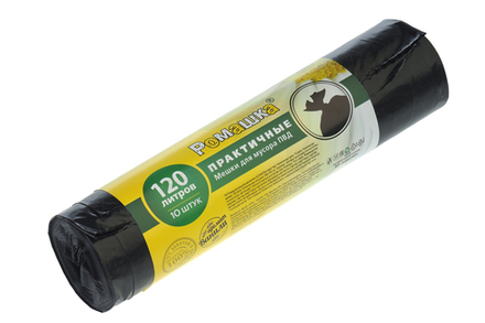 Мешки для мусора Практичные 120л 10 шт/уп 35мкм 68смх105см черные вес рулона 400г вес мешка 40г ПВД дно плоское со швом без боковых фальцев Ромашка ВР-0062МН