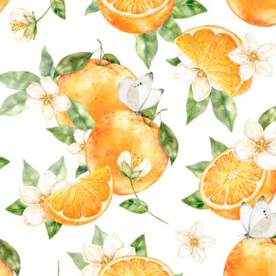 акварельные цветы апельсина, бабочки и фрукты