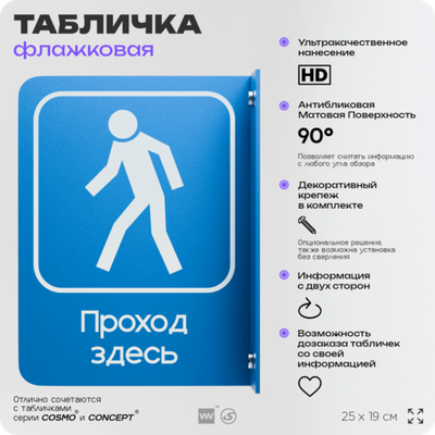 Табличка "Проход тут" флажковая на стену, двусторонняя с крепежом, 19 х 25 см, для офиса, кафе, ресторана, серия COSMO, Айдентика Технолоджи